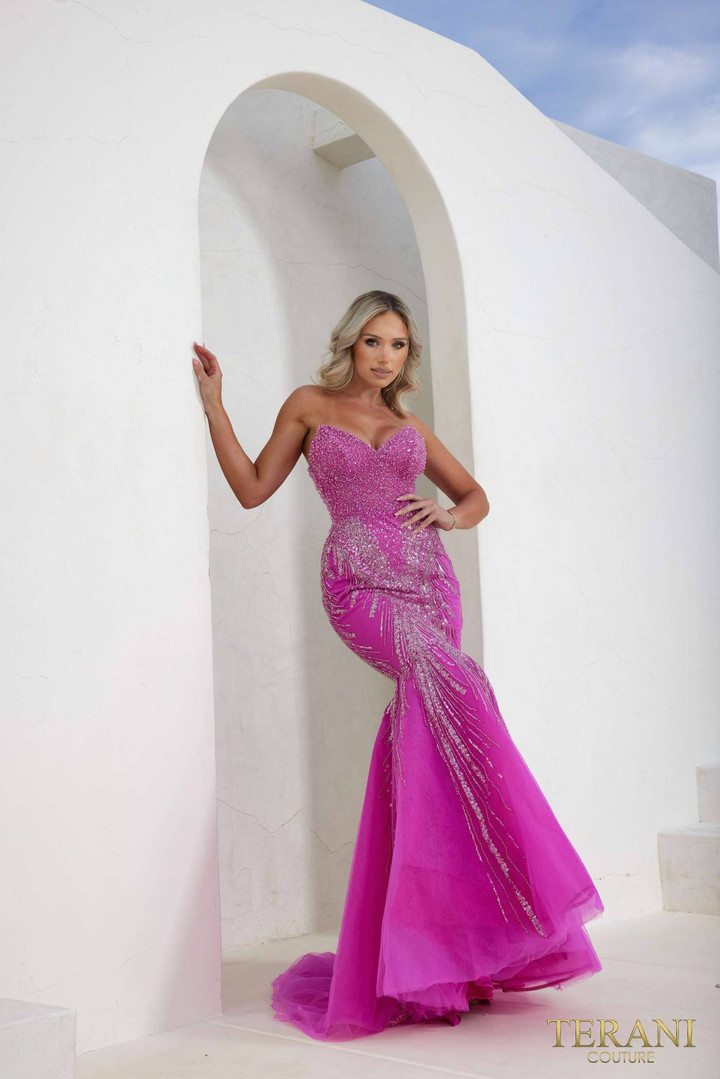 Terani Couture 241P2171 Tulle V-neck Strapless Prom Dress