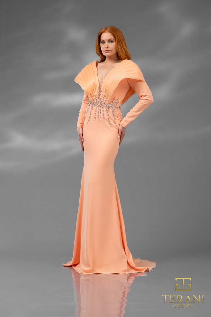 Terani Couture 251E4222 Crepe V-neck Long Sleeves Dress