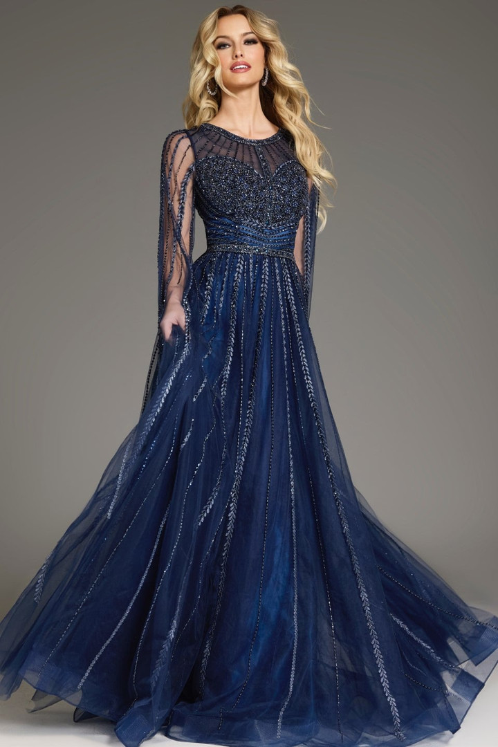 Jovani 40629 Tulle Beaded Sheer Cape Sleeves Flowing Gown