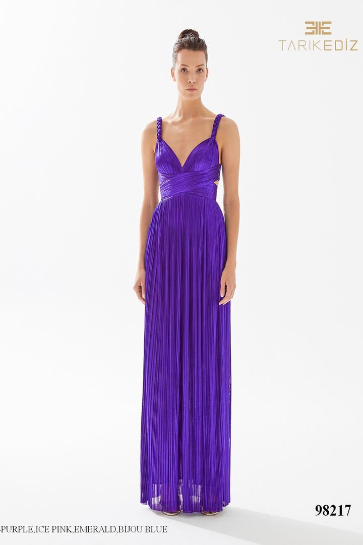 Tarik Ediz 98217 Tulle V-Neck Straps Sleeve Pleating Dress