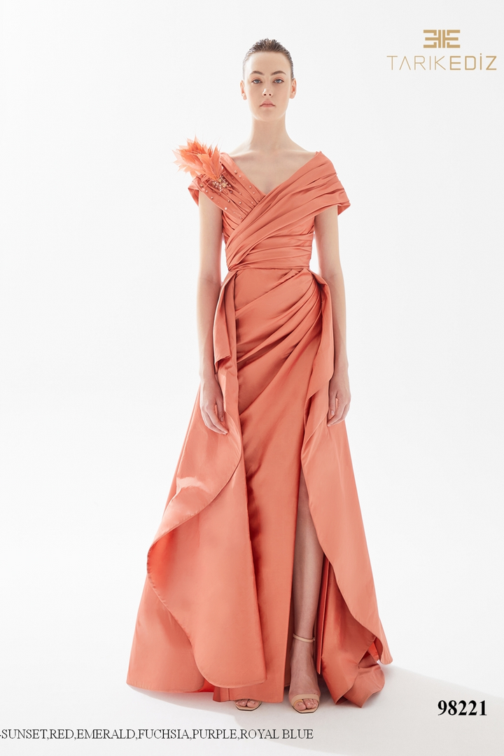 Tarik Ediz 98221 Taffeta Off Shoulder Overskirt Long Dress