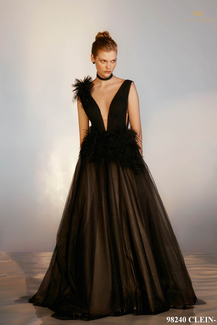 Tarik Ediz 98240 Tulle Plunging Neck Sleeveless Long Dress
