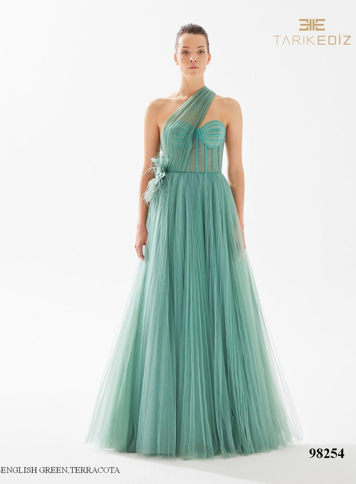 Tarik Ediz 98254 Tulle One Shoulder Sleeveless Long Dress