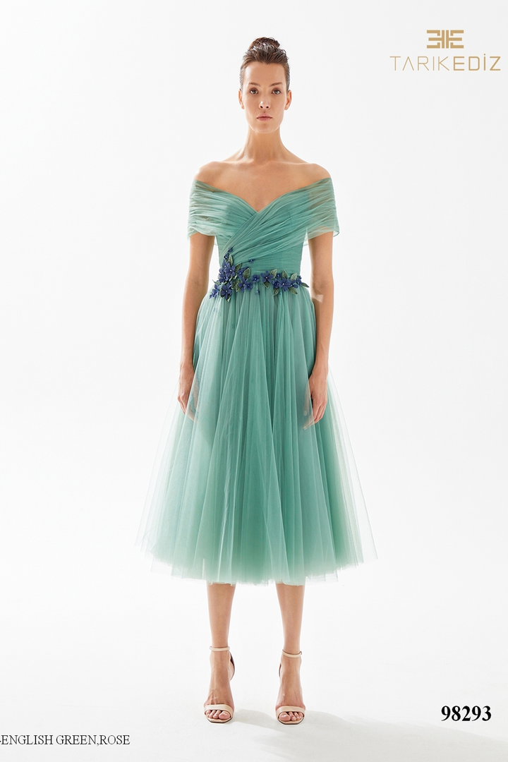 Tarik Ediz 98293 Tulle V-Neck Off Shoulder Midi Length Dress