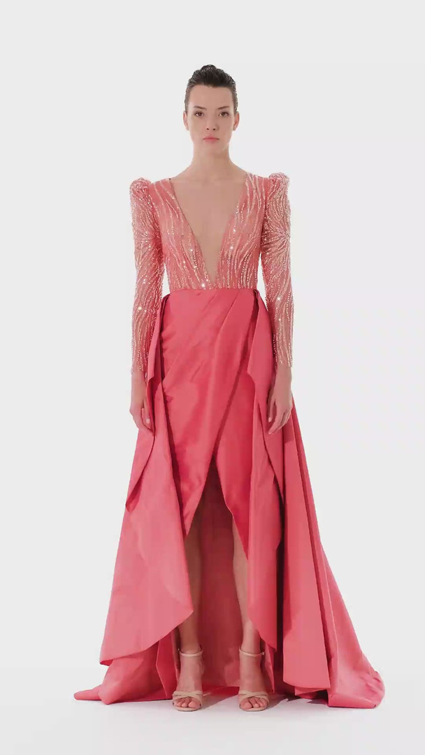 Tarik Ediz 98311 Embroidery Ruffles Long Sleeve Slit Dress