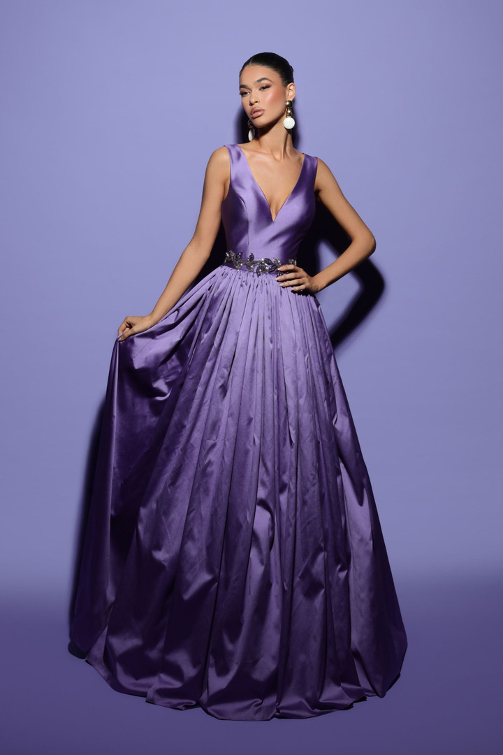 Tarik Ediz 98480 Taffeta V-Neck Straps Sleeve Long Dress