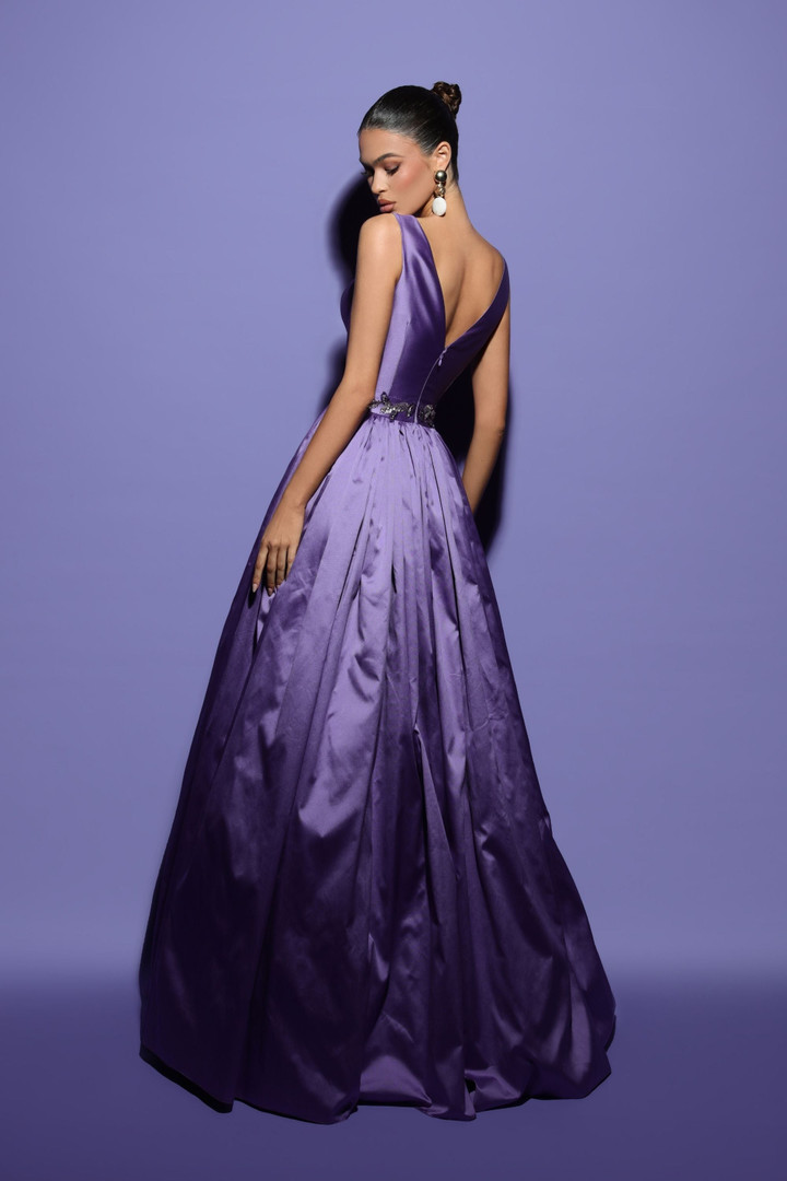 Tarik Ediz 98480 Taffeta V-Neck Straps Sleeve Long Dress