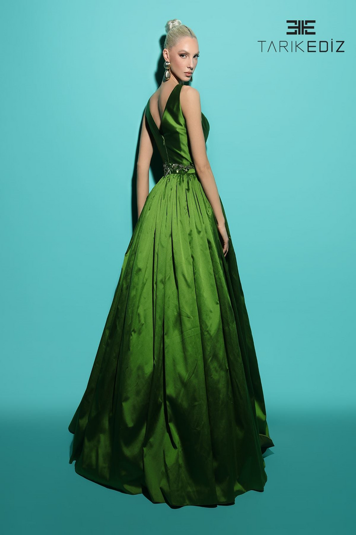Tarik Ediz 98480 Taffeta V-Neck Straps Sleeve Long Dress