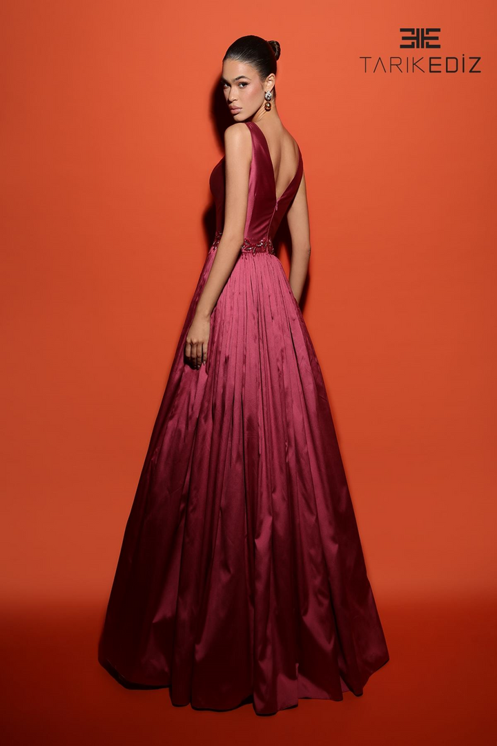Tarik Ediz 98480 Taffeta V-Neck Straps Sleeve Long Dress
