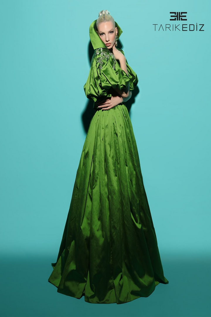 Tarik Ediz 98481 Taffeta V-Neck Puff Sleeve Pleating Dress