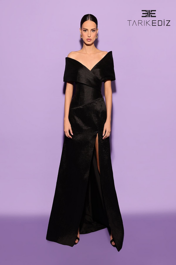 Tarik Ediz 98507 Taffeta V-Neck Off Shoulder Fitted Dress