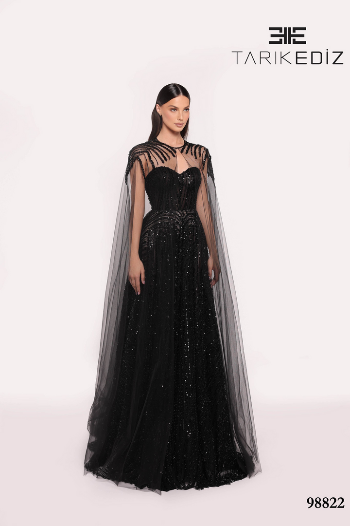 Tarik Ediz 98822 Sequin Tulle Cape Sleeve Strapless Dress