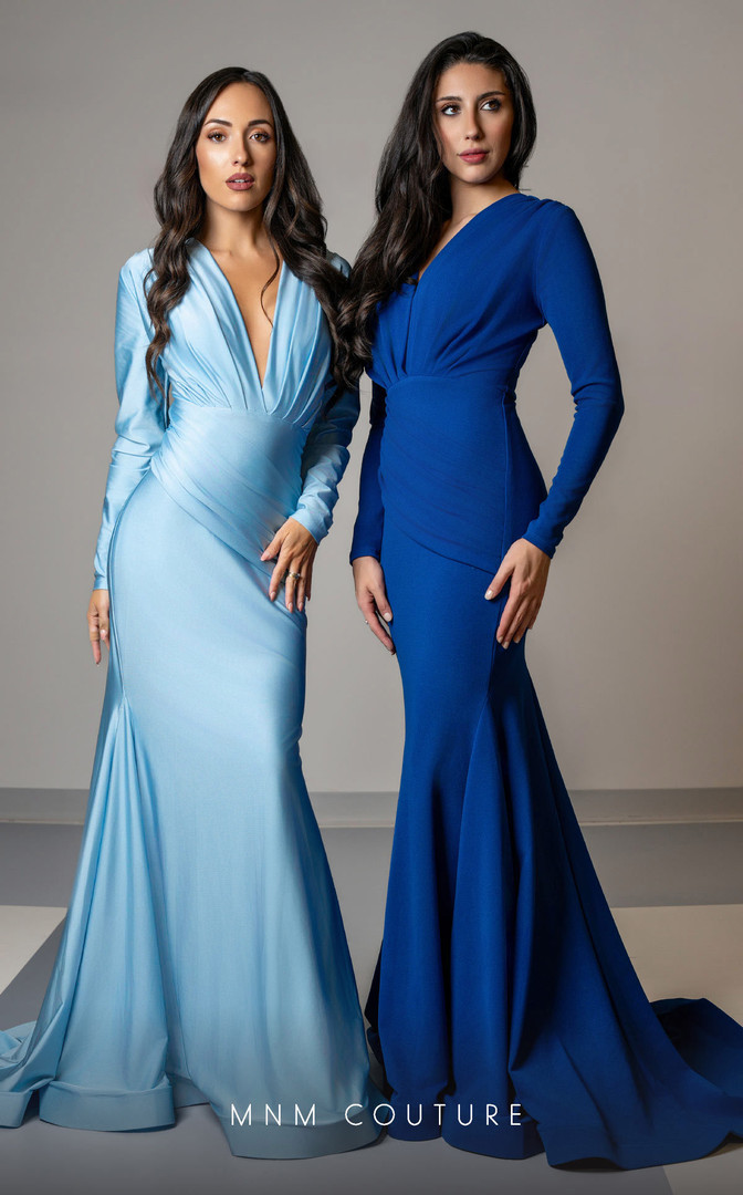 MNM Couture L0002E Draped Bodice V-neck Long Sleeves Gown