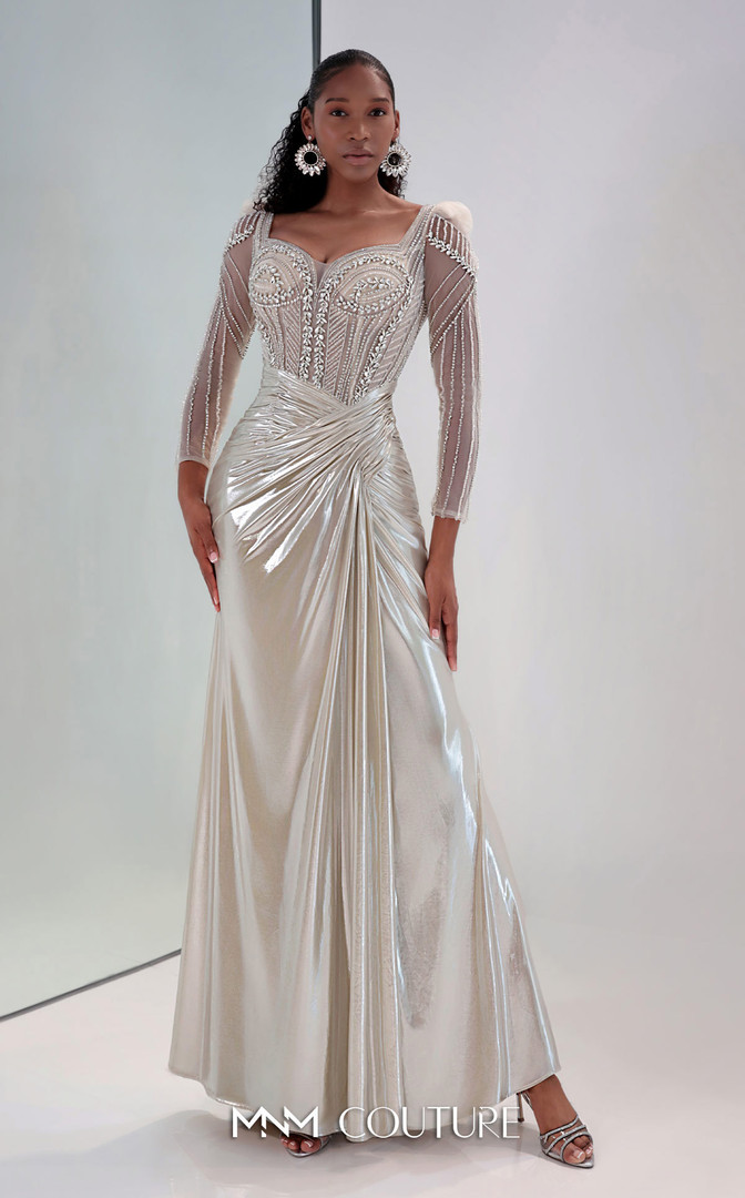 MNM Couture M1312 Lycra Satin Beaded Sheer Sleeve Dress