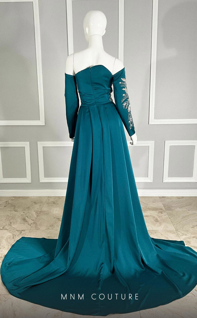 MNM Couture M1104 Satin Beads Off-Shoulder Long Sleeve Gown