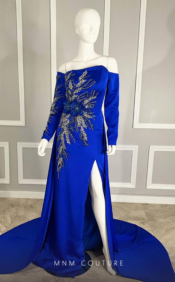 MNM Couture M1104 Satin Beads Off-Shoulder Long Sleeve Gown