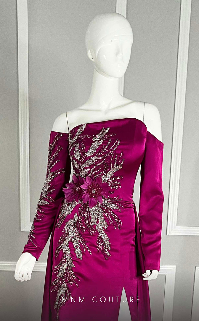 MNM Couture M1104 Satin Beads Off-Shoulder Long Sleeve Gown