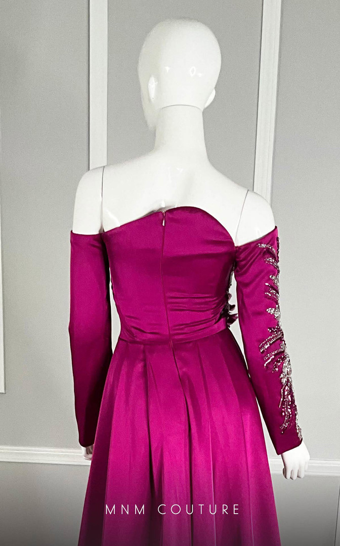 MNM Couture M1104 Satin Beads Off-Shoulder Long Sleeve Gown