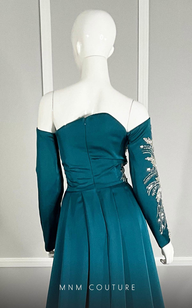 MNM Couture M1104 Satin Beads Off-Shoulder Long Sleeve Gown