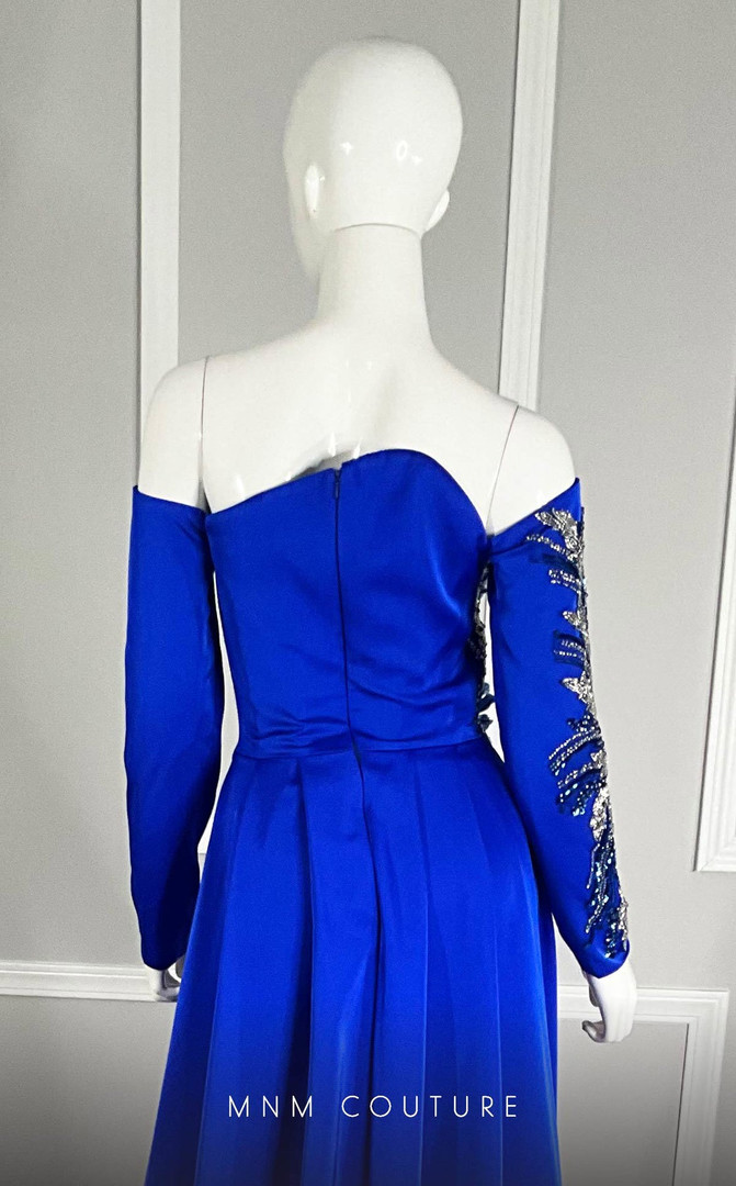 MNM Couture M1104 Satin Beads Off-Shoulder Long Sleeve Gown