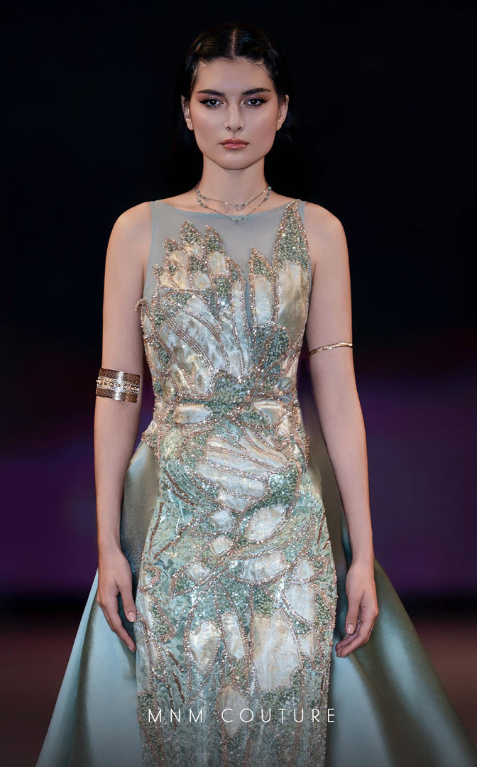 MNM Couture J03503 Beaded Round Sheer Neck Overskirt Gown