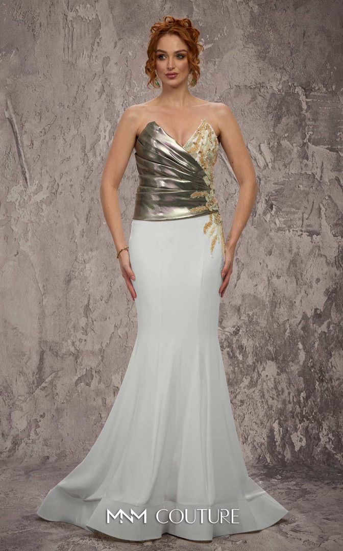 MNM Couture J03554 Rayon Crepe Metallic Overlay Long Gown