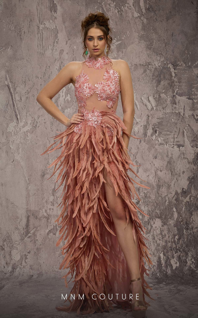 MNM Couture J03381 Embroidered Feathered Skirt Fitted Gown