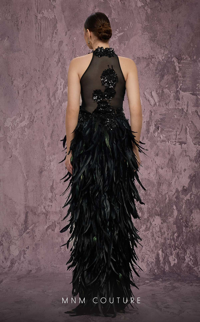 MNM Couture J03381 Embroidered Feathered Skirt Fitted Gown