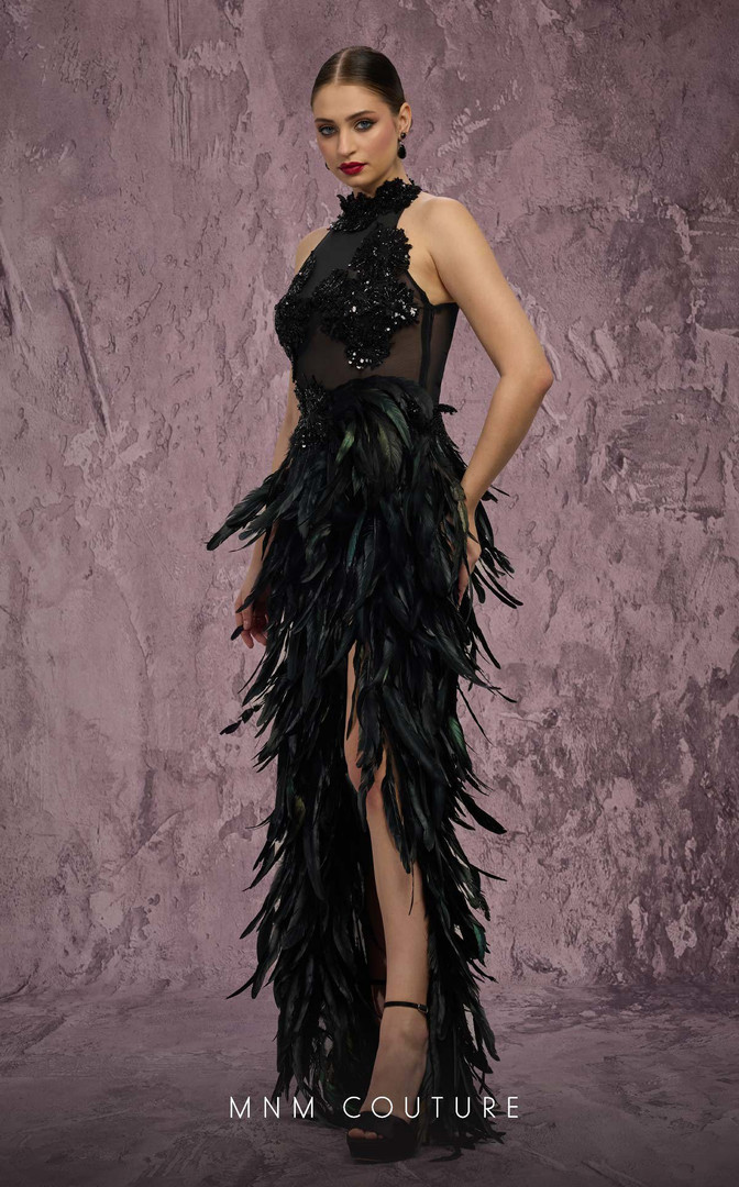 MNM Couture J03381 Embroidered Feathered Skirt Fitted Gown