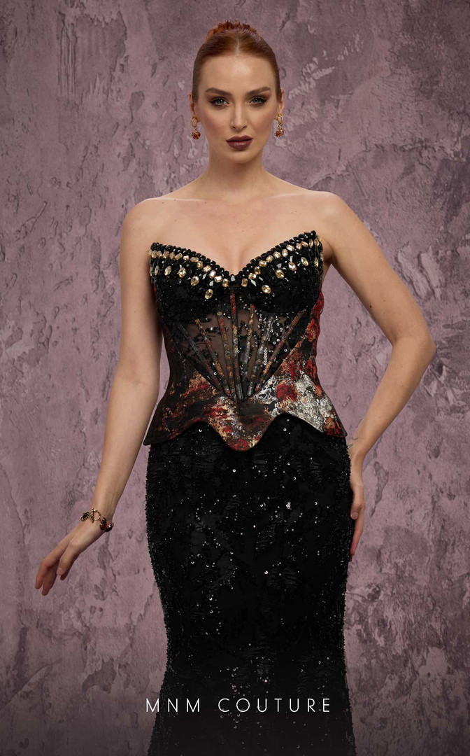MNM Couture J03569 Beaded Embroidered Strapless Long Gown