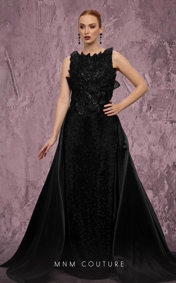 MNM Couture J03186 Beaded Embroidered Column Overskirt Gown