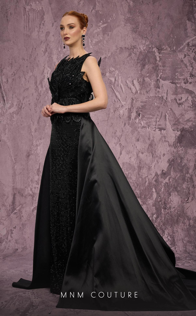 MNM Couture J03186 Beaded Embroidered Column Overskirt Gown