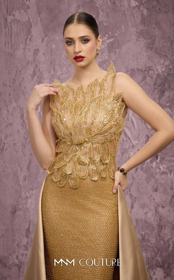 MNM Couture J03186 Beaded Embroidered Column Overskirt Gown