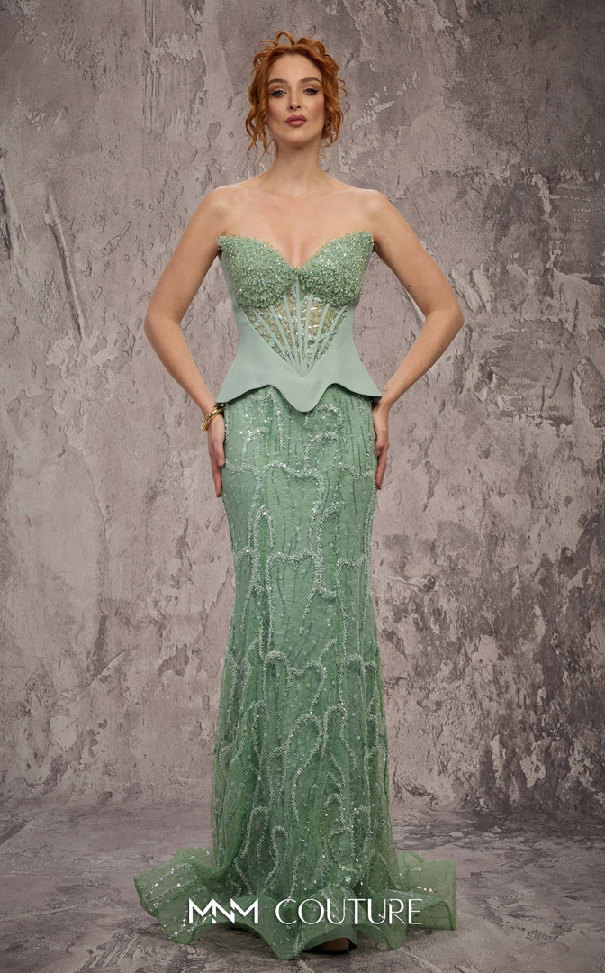 MNM Couture J03585 Beaded Lace Embroidered Strapless Gown