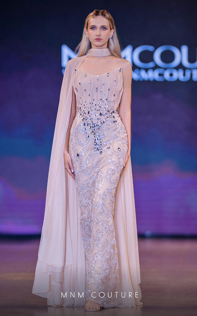 MNM Couture J03590 Embellished Chiffon Cape Strapless Gown