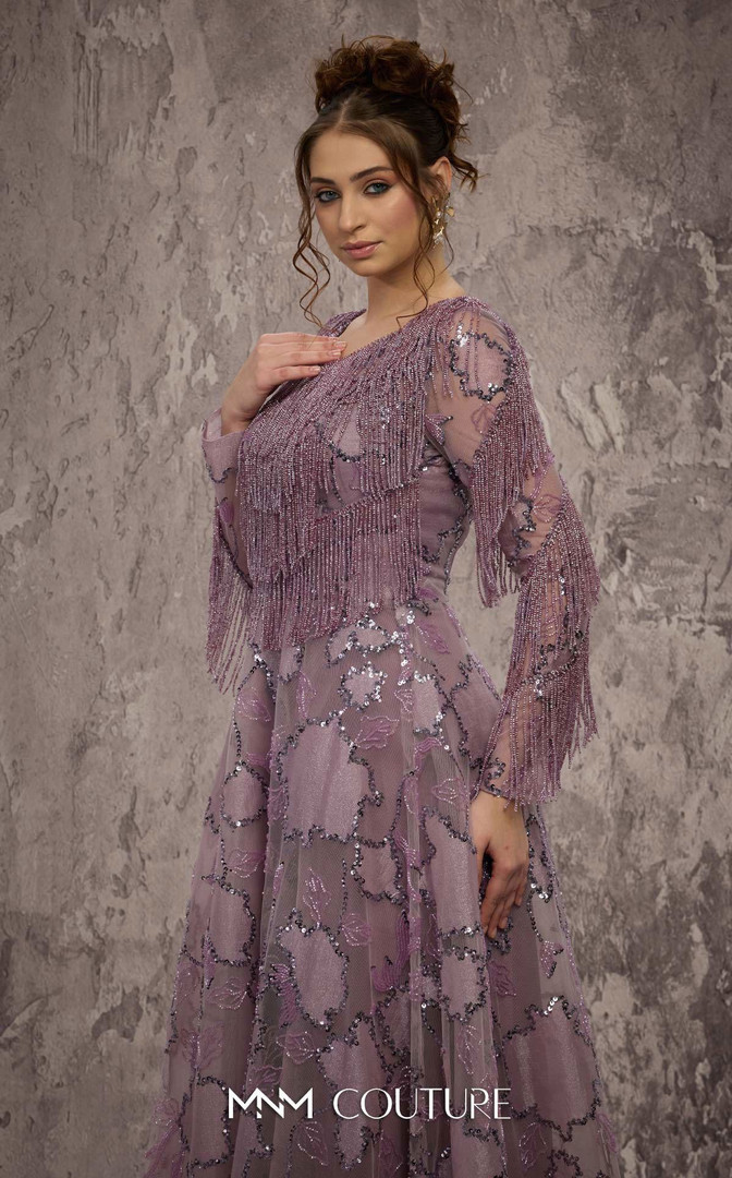 MNM Couture J03621 Fringe Beaded Embroidered Round Neck Gown