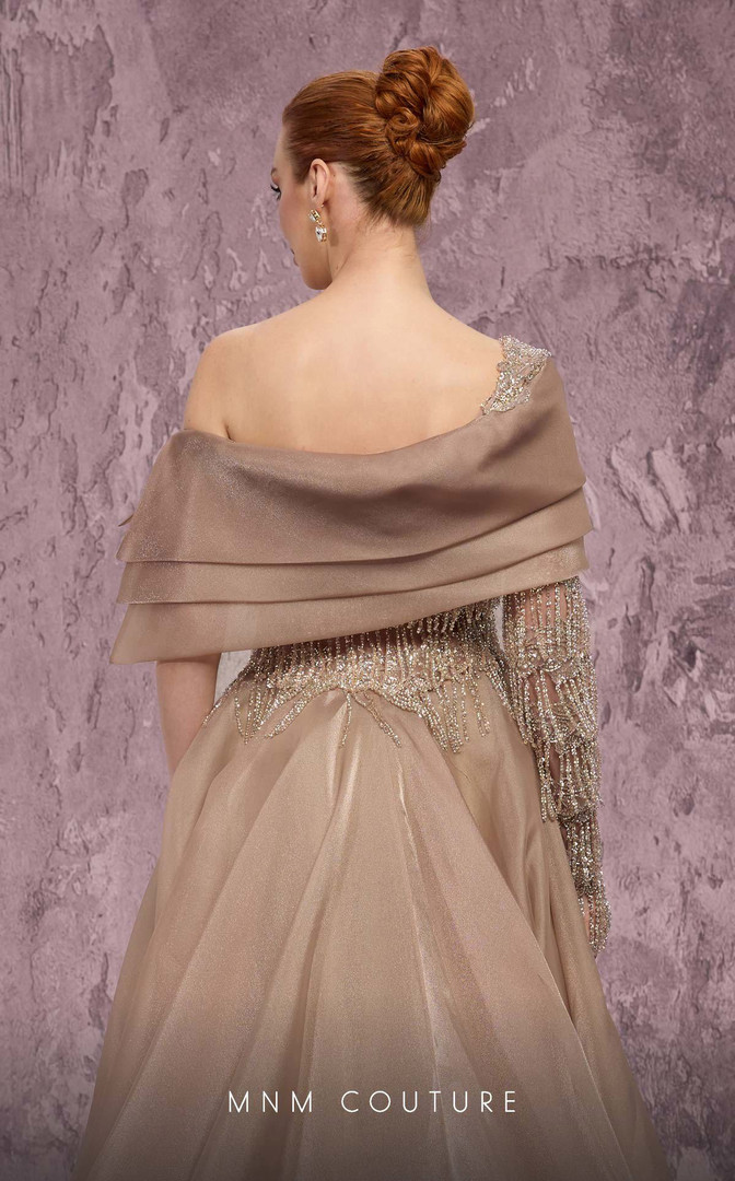 MNM Couture J03308 Embroidered Asymmetrical One-Sleeve Gown