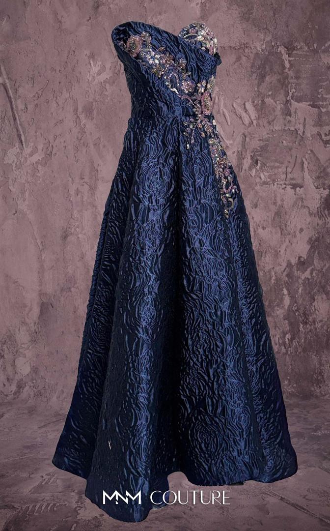 MNM Couture Q3355 Brocade Embroidered Strapless Long Gown