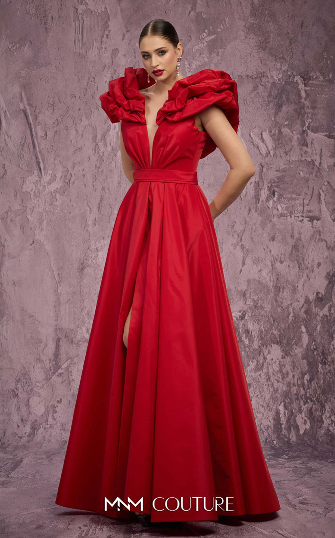 MNM Couture Q4363 Taffeta Peplum Shoulder Deep V-Neck Gown