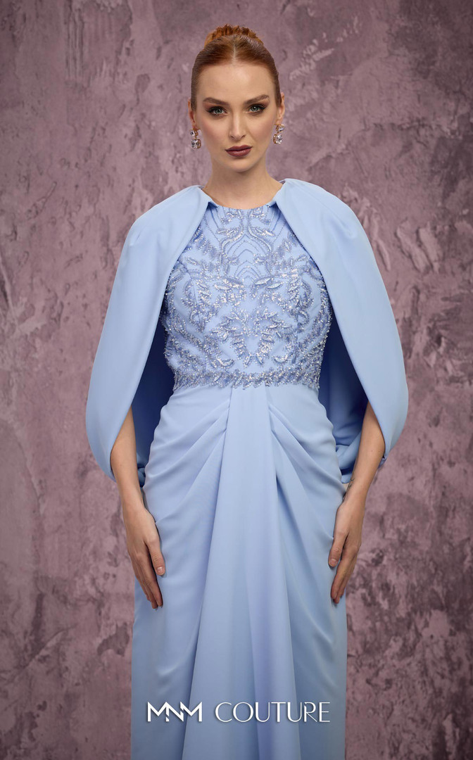 MNM Couture Q7615 Crepe Embellished Cape Sleeves Long Gown