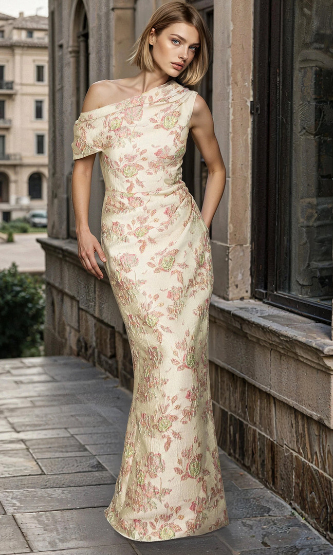Janique 26206 Stretch Brocade Floral One Shoulder Long Gown