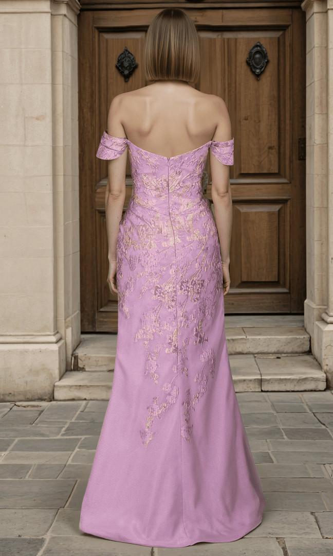 Janique 261059 Voile Metallic Jacquard Off-Shoulder Dress