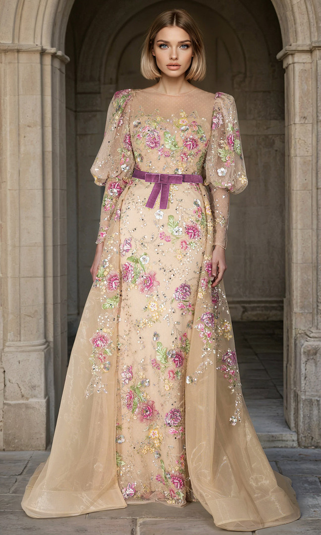 Janique 268003 Ornate Lace Floral Long Bishop-Sleeve Gown