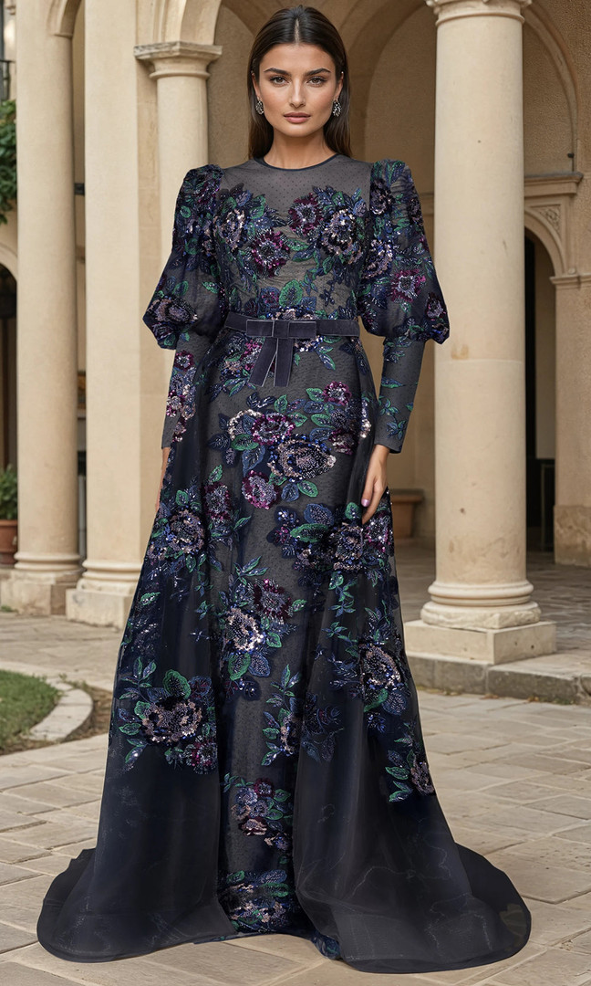 Janique 268003 Ornate Lace Floral Long Bishop-Sleeve Gown