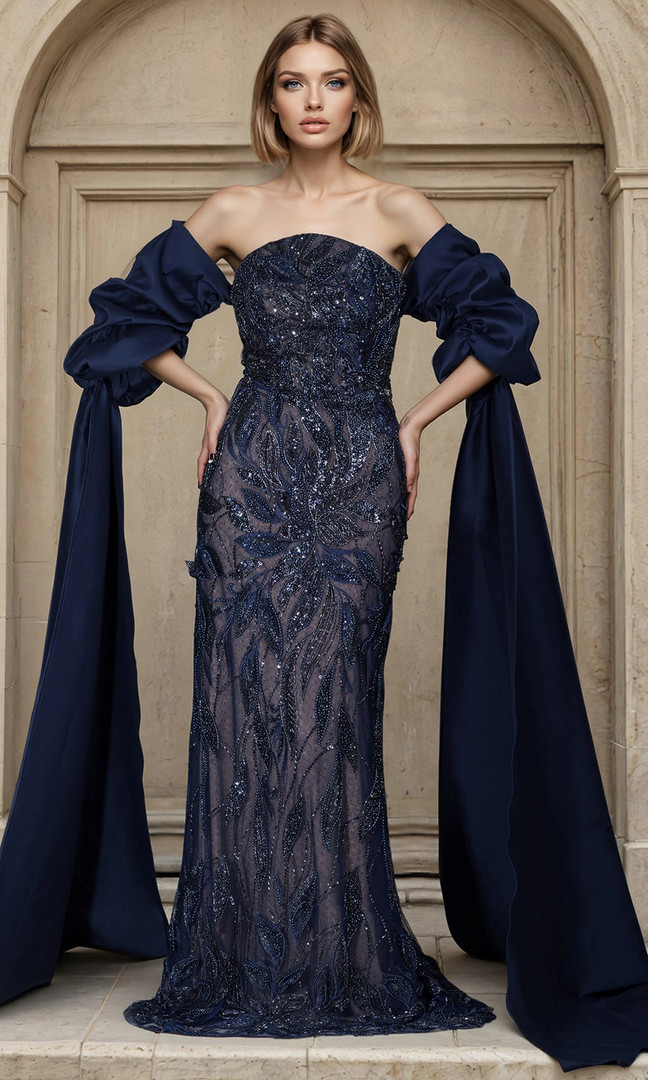 Janique 268005 Stretch Mikado Ornate Lace Strapless Gown