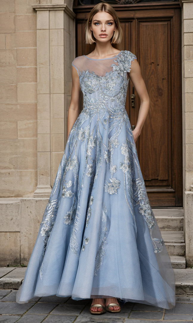 Janique 268006 Lace Honeycomb Net Sheer Neck Sleeveless Gown