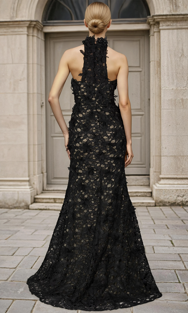 Janique 268008 Guipure 3D Lace Floral Cut Out High Neck Gown