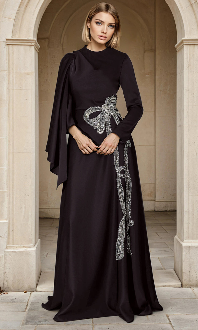 Janique 268009 Satin Scoop Neck Draped Cape Sleeve Gown