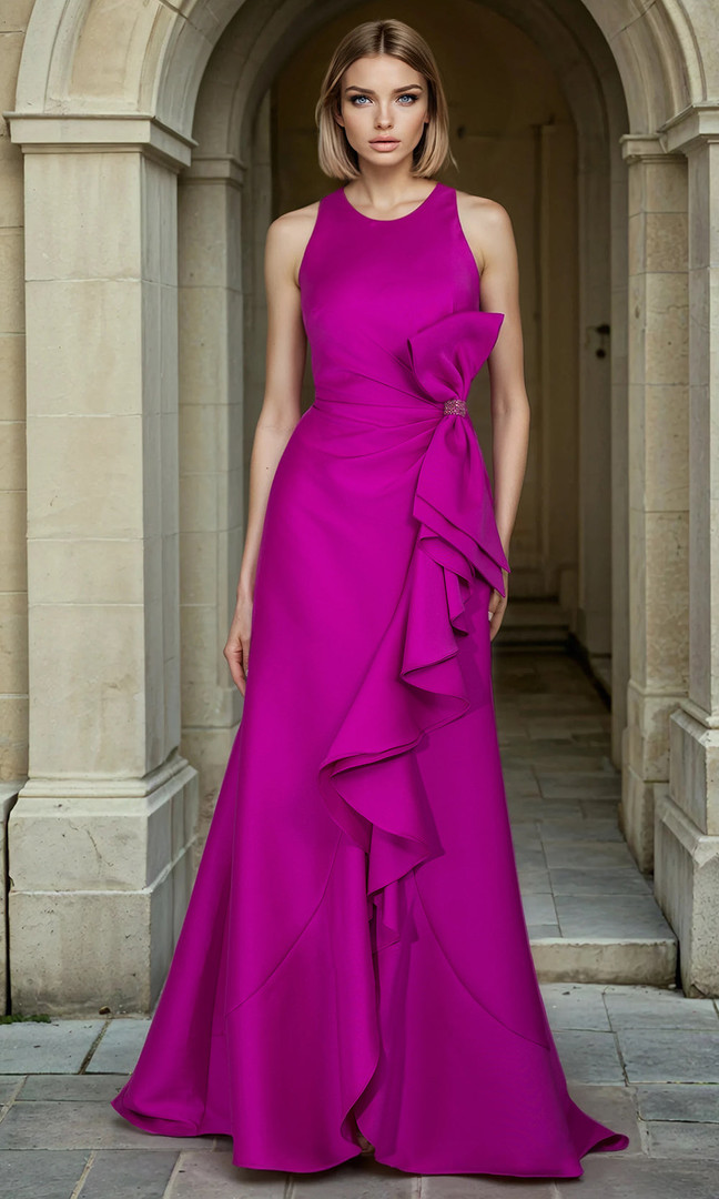 Janique 2603 Stretch Mikado Drape Ruffles Sleeveless Dress