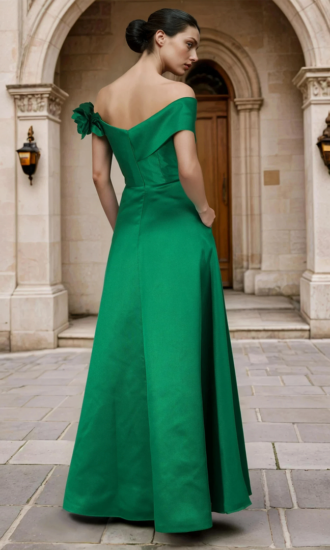 Janique 2606 Pique Mikado 3D Floral Accent Off Shoulder Gown